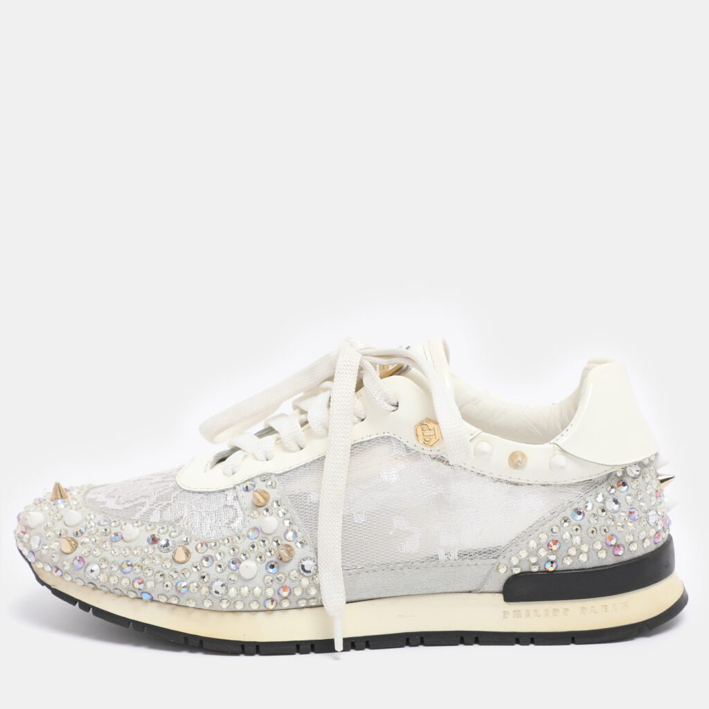 Philipp Plein White Lace and Leather Sanna Embellished Low Top Sneakers Size 36.5