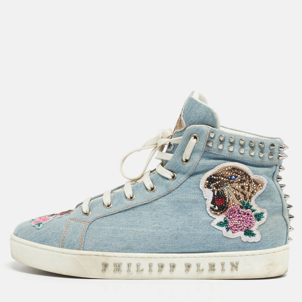 Philipp Plein Blue Denim Studded High Top Sneakers Size 40 Philipp Plein Blue Denim Studded High Top Sneakers Size 40