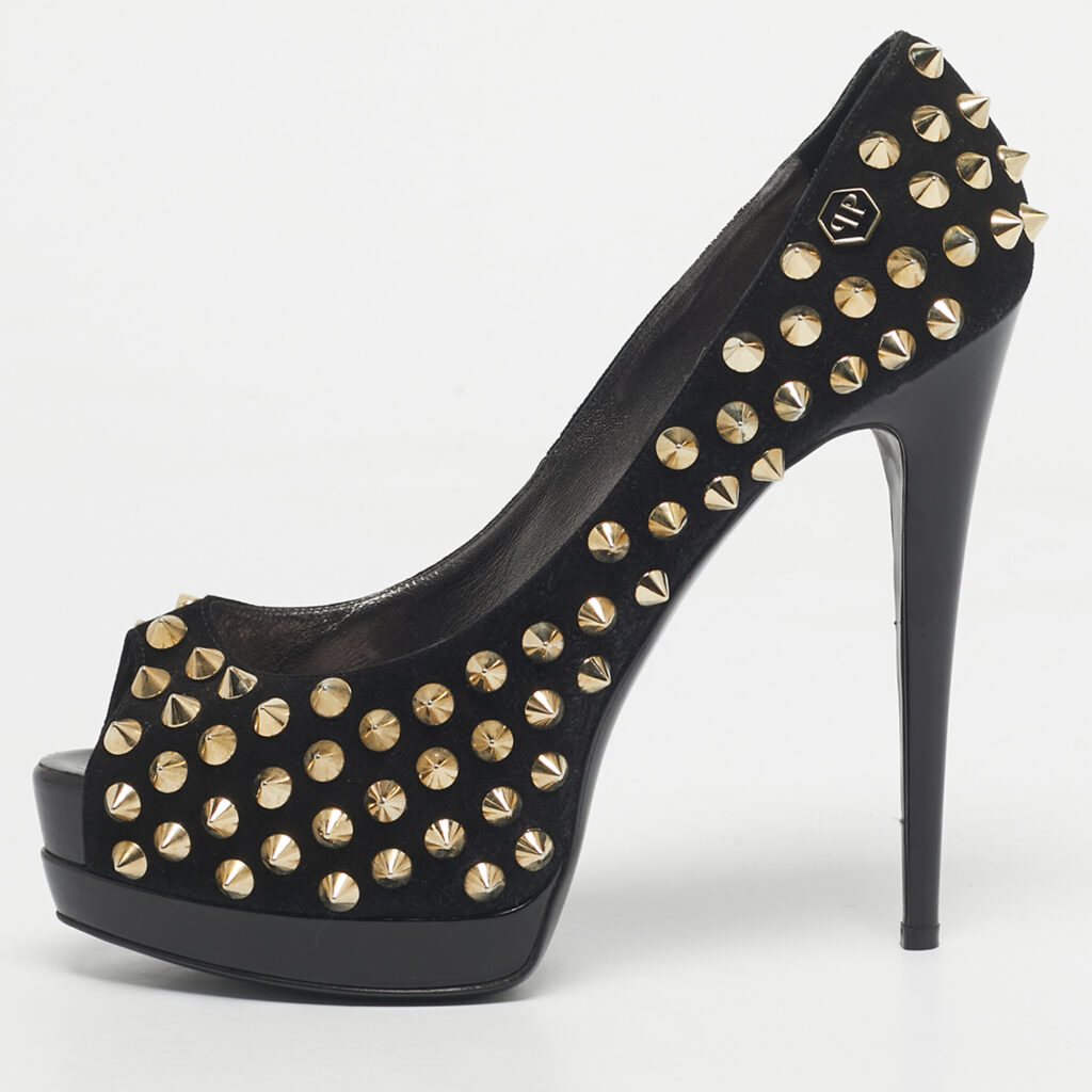 Philipp Plein Black Suede Studded Peep Toe Platform Pumps Size 40 Philipp Plein Black Suede Studded Peep Toe Platform Pumps Size 40