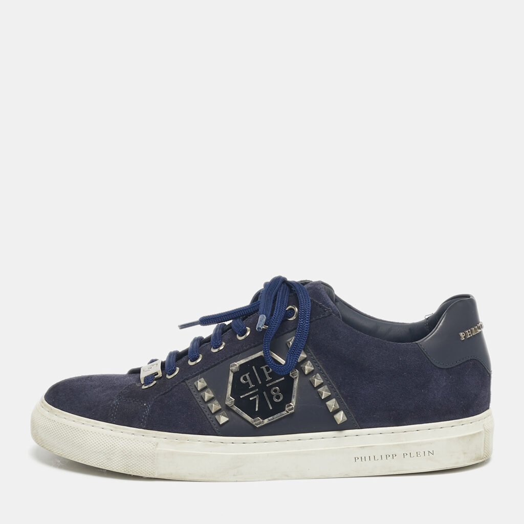 Philipp Plein Navy Blue Leather and Suede Stud Embellished Lace Up Sneakers Size 40 Philipp Plein Navy Blue Leather and Suede Stud Embellished Lace Up Sneakers Size 40