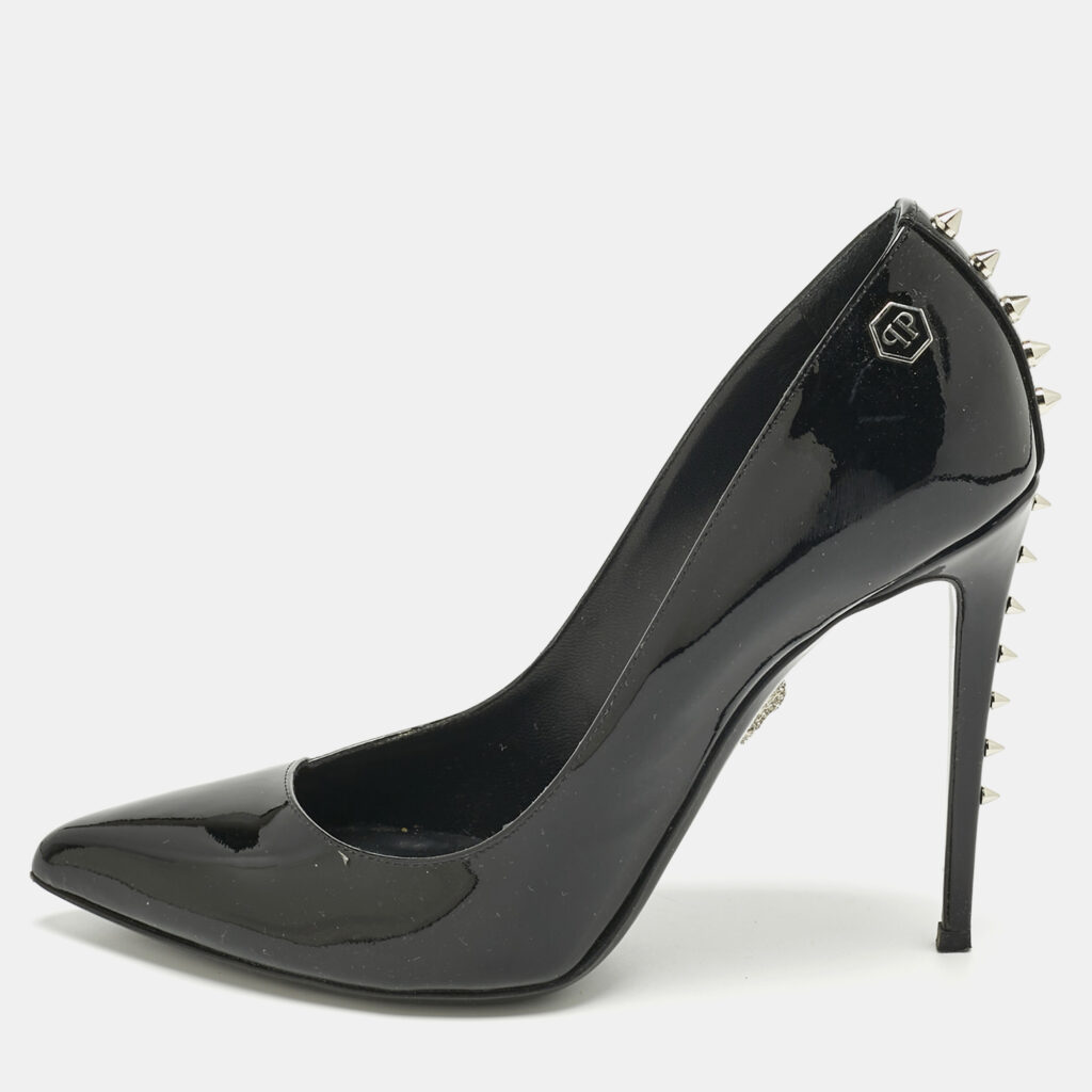 Philipp Plein Black Patent Leather Studded Pointed Toe Pumps Size 39