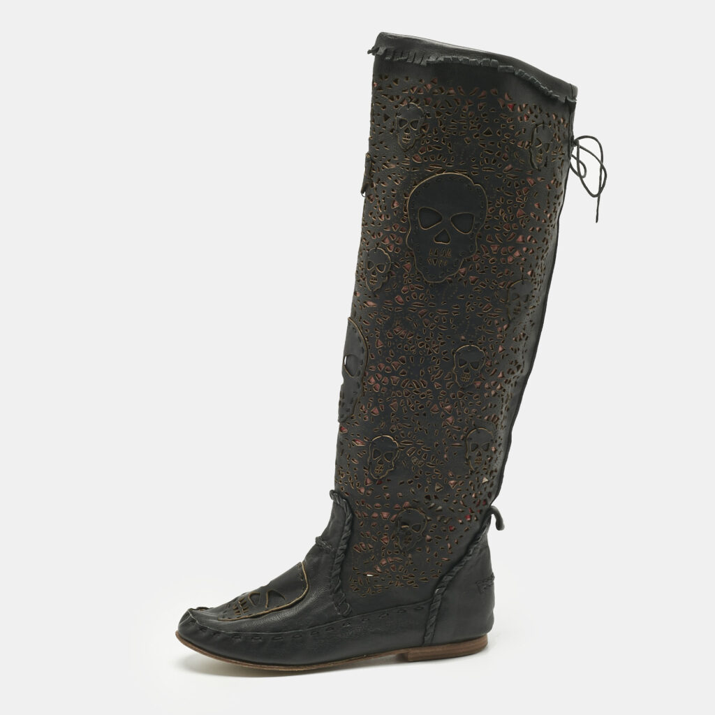 Philipp Plein Black Leather Laser Cut Skull Mid Calf Boots Size 37 Philipp Plein Black Leather Laser Cut Skull Mid Calf Boots Size 37