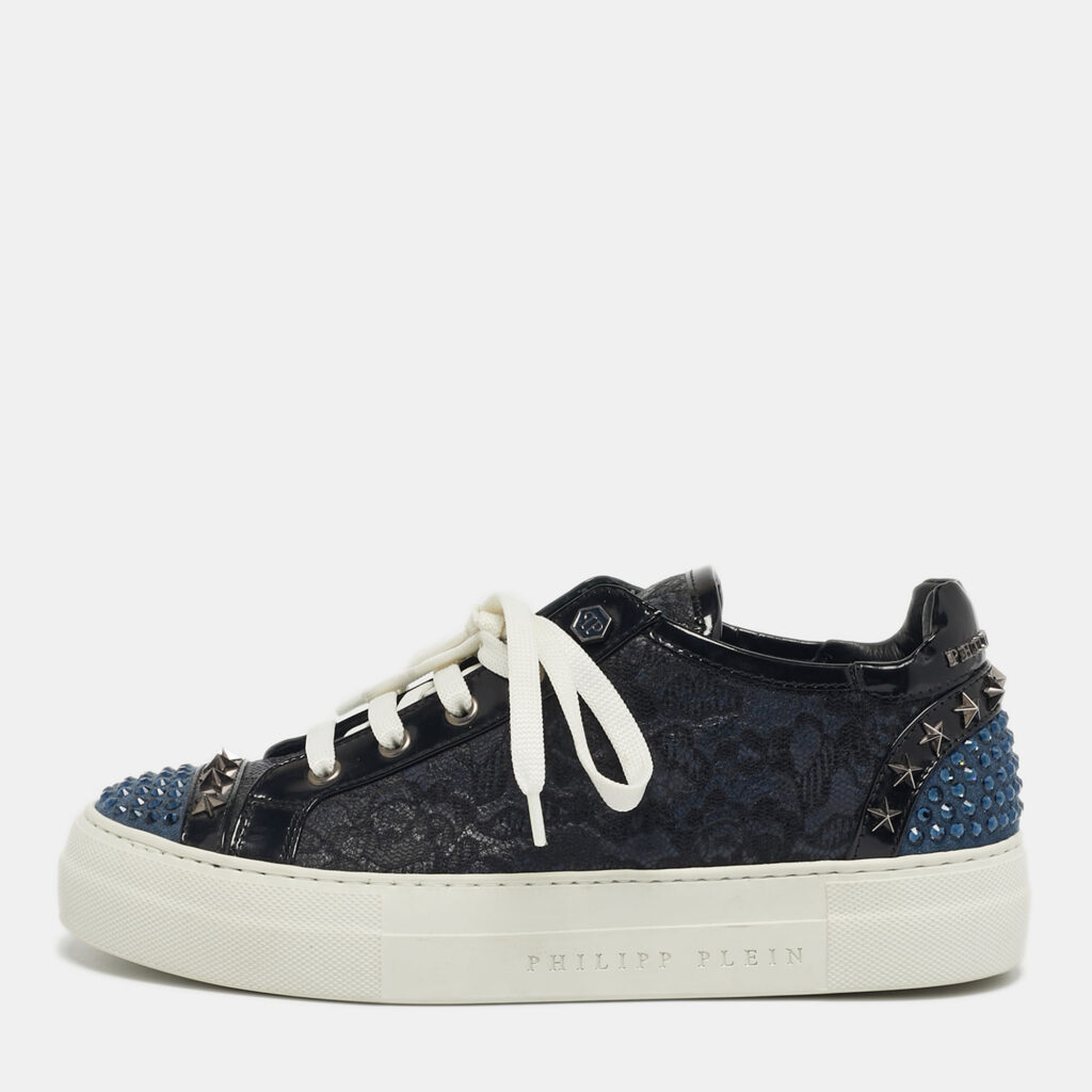 Philipp Plein Navy Blue/Black Leather and Lace Stud Embellished Lace Up Sneakers Size 37.5 Philipp Plein Navy Blue/Black Leather and Lace Stud Embellished Lace Up Sneakers Size 37.5
