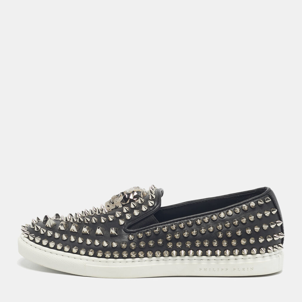 Philipp Plein Black Leather Studded Skull Slip On Sneakers Size 37 Philipp Plein Black Leather Studded Skull Slip On Sneakers Size 37