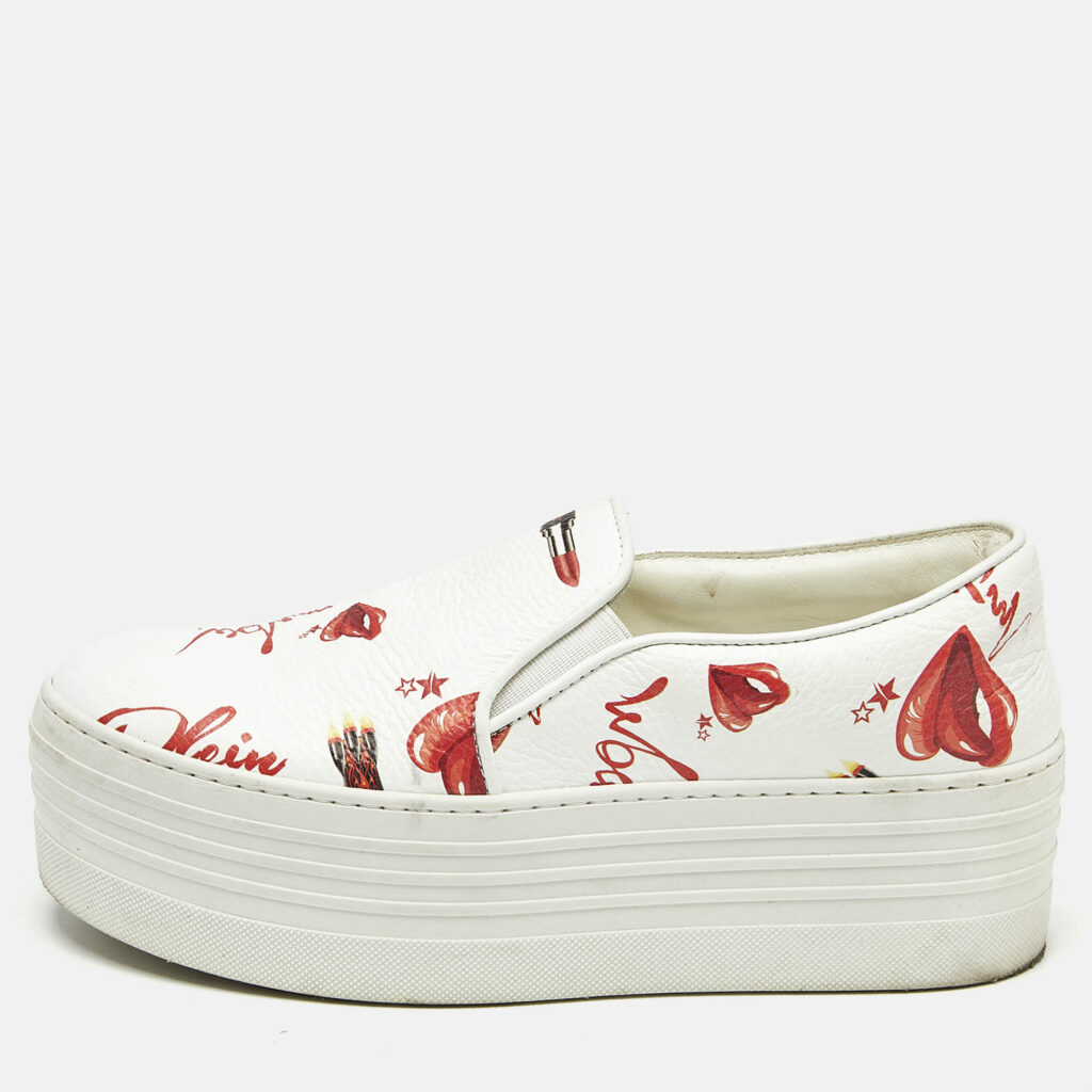 Philipp Plein White Leather Slip On Platform Sneakers Size 37