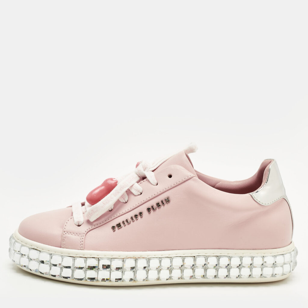 Philipp Plein Pink/Silver Leather and Patent Leather Crystal Platform Lace Up Sneakers Size 36 Philipp Plein Pink/Silver Leather and Patent Leather Crystal Platform Lace Up Sneakers Size 36