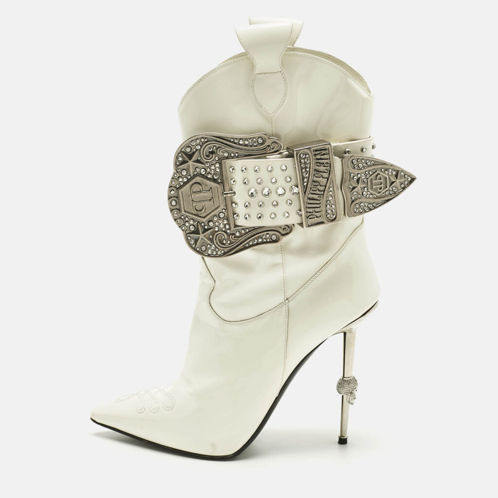 Philipp Plein White Patent Leather Crystal Embellished Cow Boots Size 38.5 Philipp Plein White Patent Leather Crystal Embellished Cow Boots Size 38.5