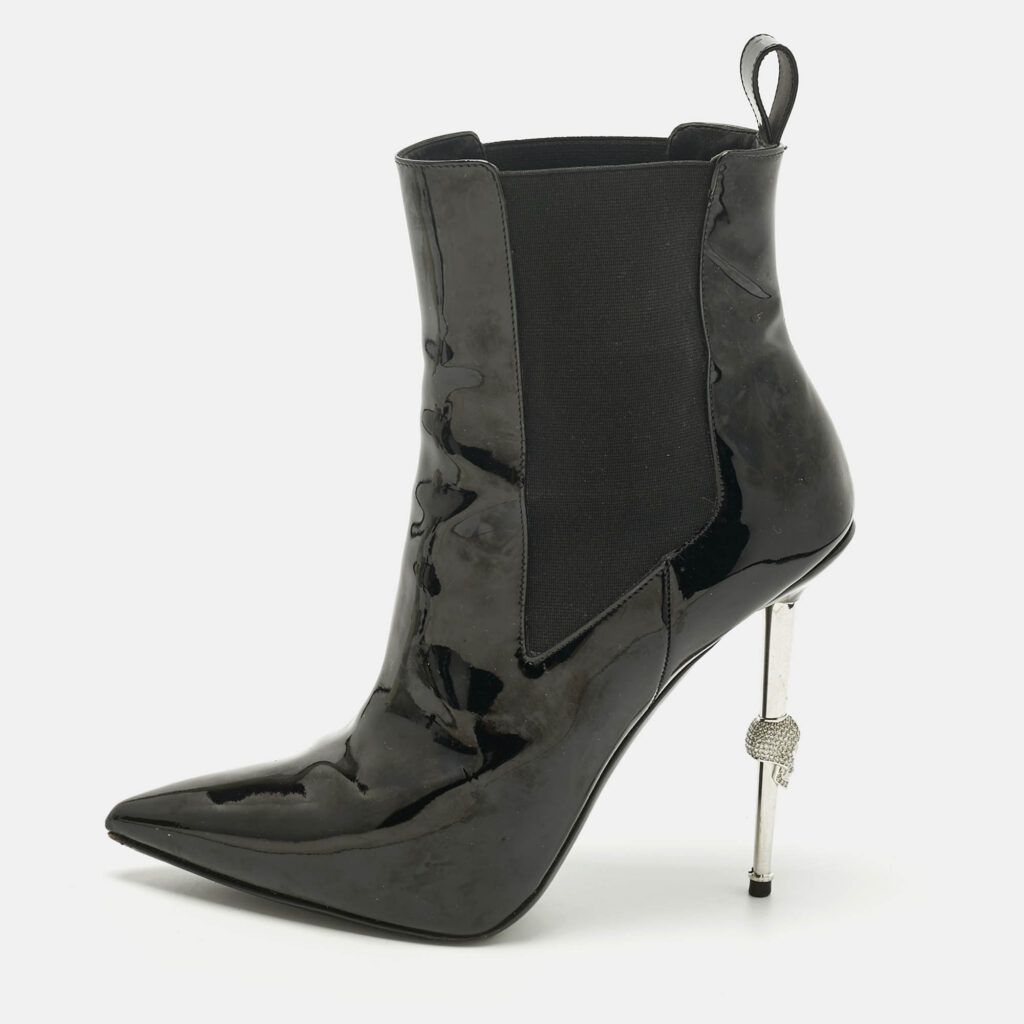 Philipp Plein Black Patent Leather Skull Ankle Length Boots Size 39