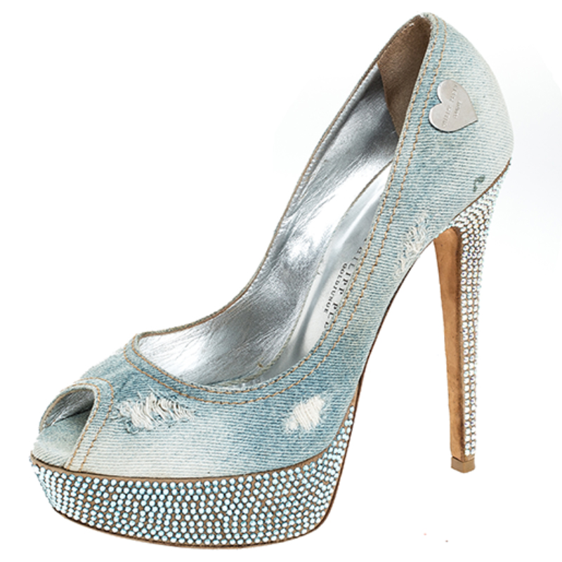 Phillip Plein Blue Crystal Embellished Distressed Denim Peep Toe Platform Pumps Size 39 Phillip Plein Blue Crystal Embellished Distressed Denim Peep Toe Platform Pumps Size 39
