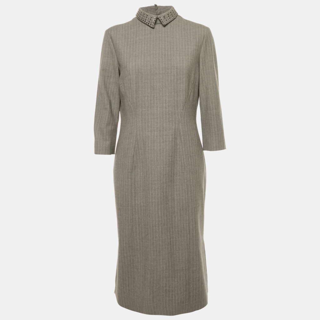 Philosophy di Alberta Ferretti Grey Pinstriped Wool Embellished Collar Midi Dress L