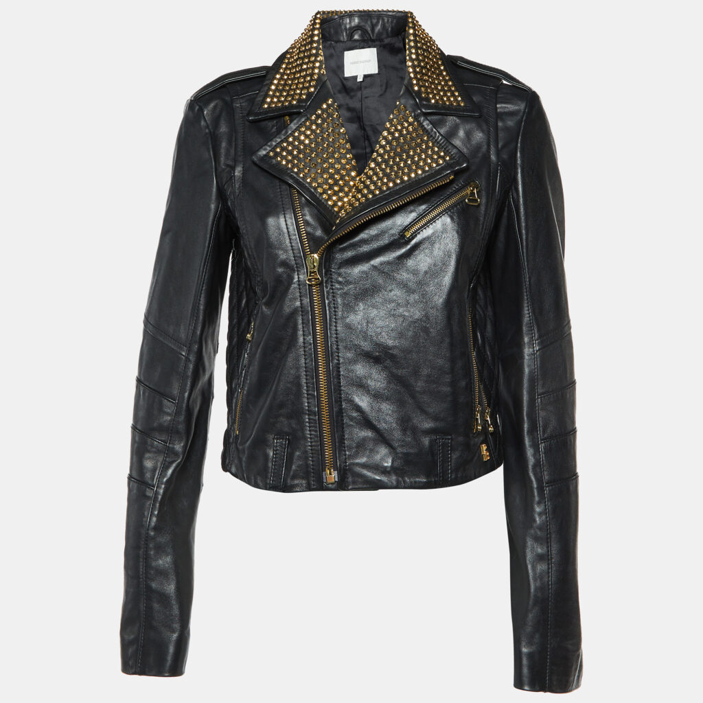 Pierre Balmain Black Leather Studded Biker Jacket M