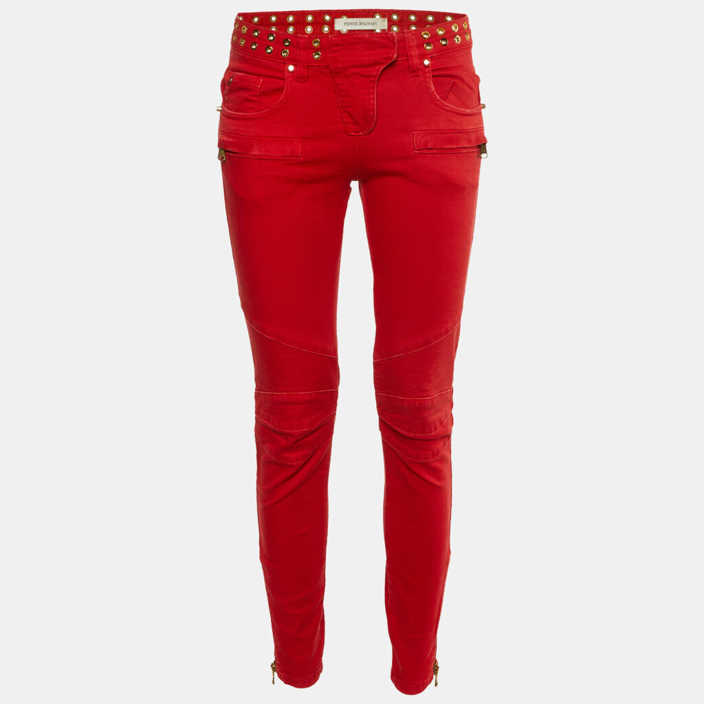 Pierre Balmain Red Denim Studded Slim Fit Jeans M/Waist 29"