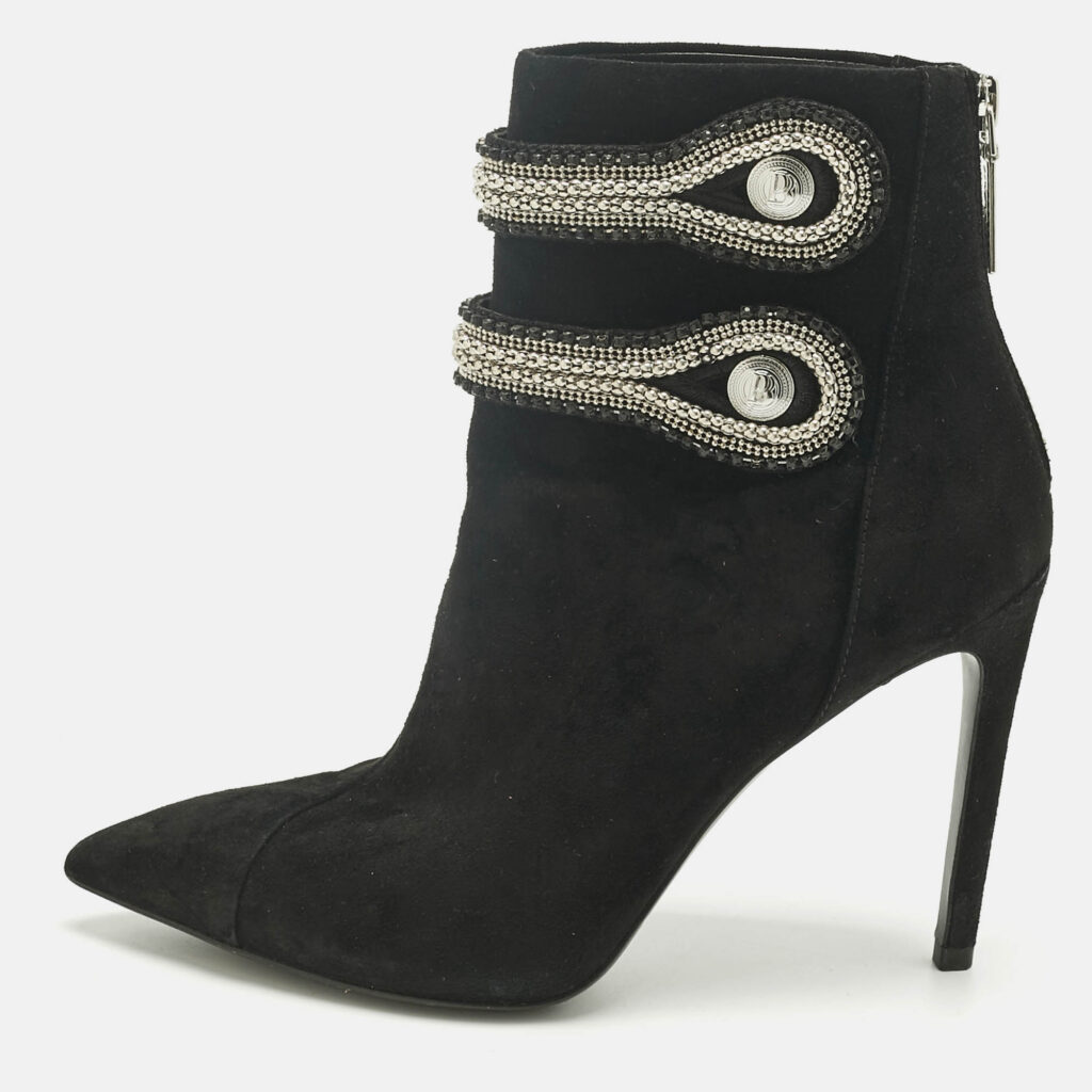 Pierre Balmain Black Suede Crystal Embellished Ankle Length Boots Size 37