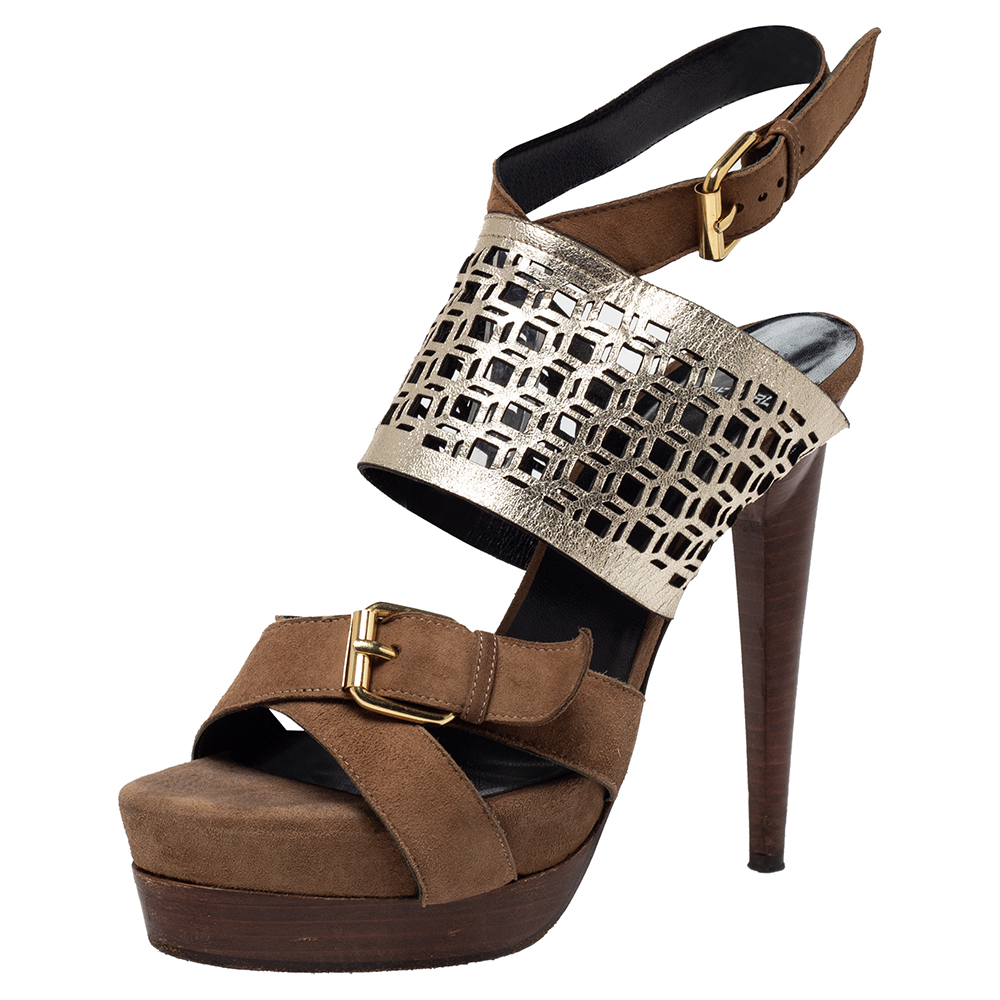 Pierre Hardy Brown Suede and Metallic Cut Out Leather Platform Slingback Sandals Size 39 Pierre Hardy Brown Suede and Metallic Cut Out Leather Platform Slingback Sandals Size 39