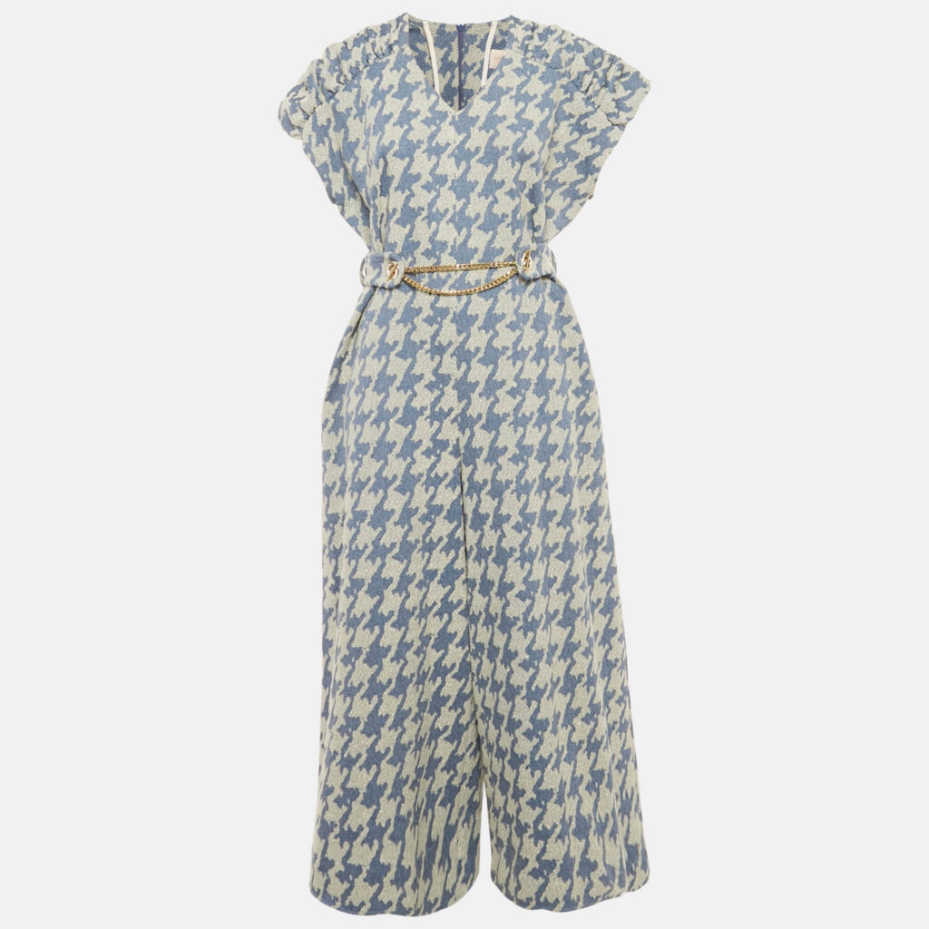 Poca & Poca Blue Houndstooth Belted Wide Leg Jumpsuit M