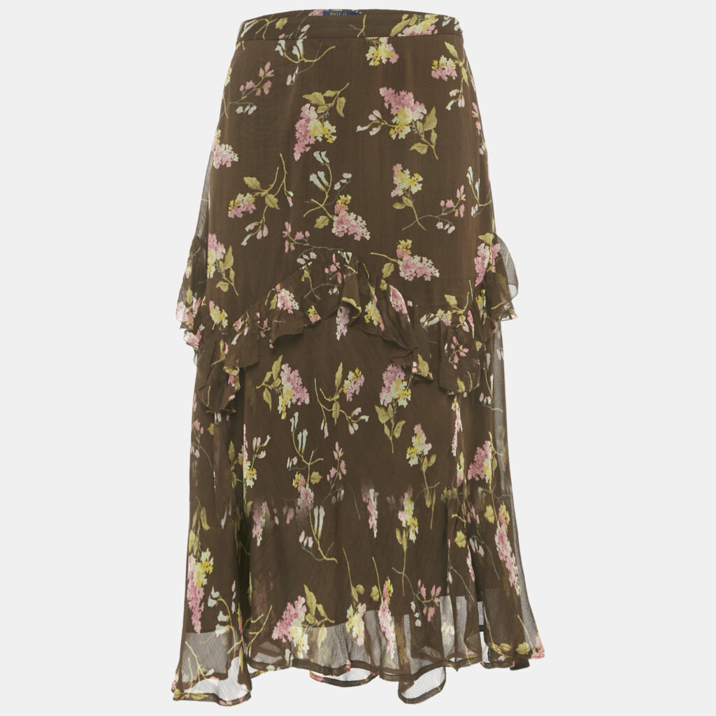 Polo Ralph Lauren Brown Floral Print Chiffon Ruffled Midi Skirt M Polo Ralph Lauren Brown Floral Print Chiffon Ruffled Midi Skirt M
