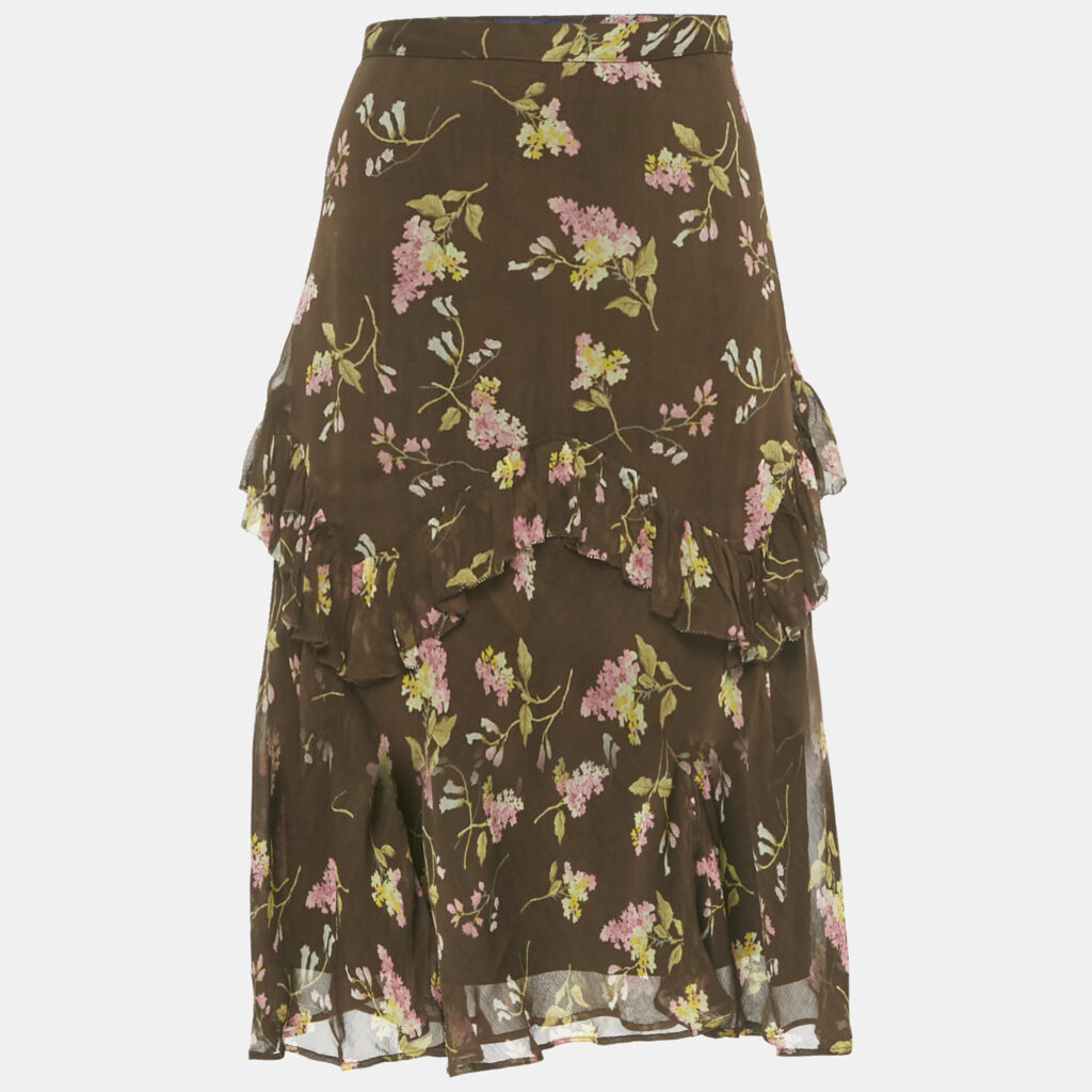 Polo Ralph Lauren Brown Floral Print Chiffon Ruffled Midi Skirt S Polo Ralph Lauren Brown Floral Print Chiffon Ruffled Midi Skirt S
