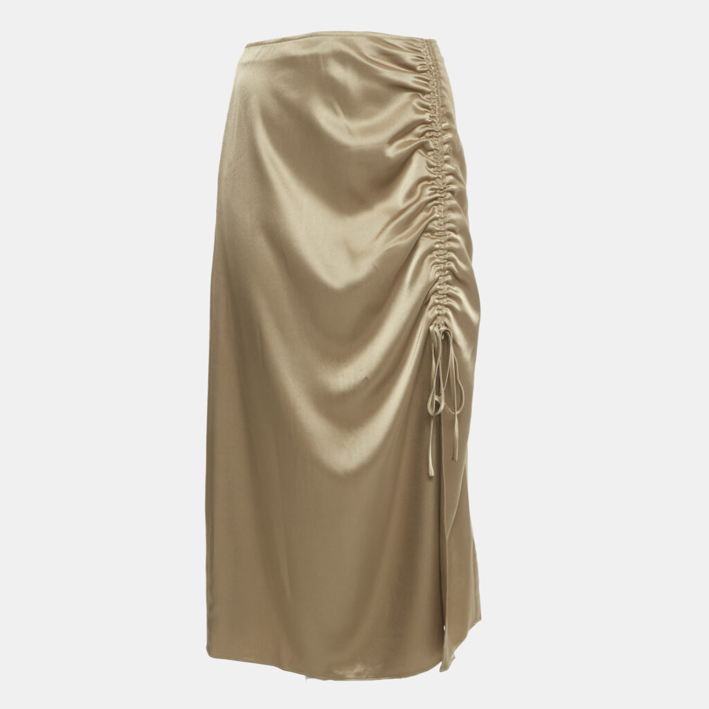 Polo Ralph Lauren Gold Satin Ruched Slit Detail Midi Skirt S