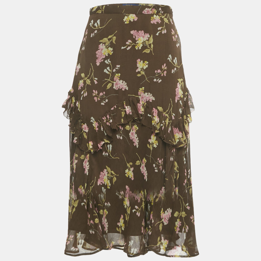 Polo Ralph Lauren Brown Floral Print Chiffon Ruffled Midi Skirt S Polo Ralph Lauren Brown Floral Print Chiffon Ruffled Midi Skirt S