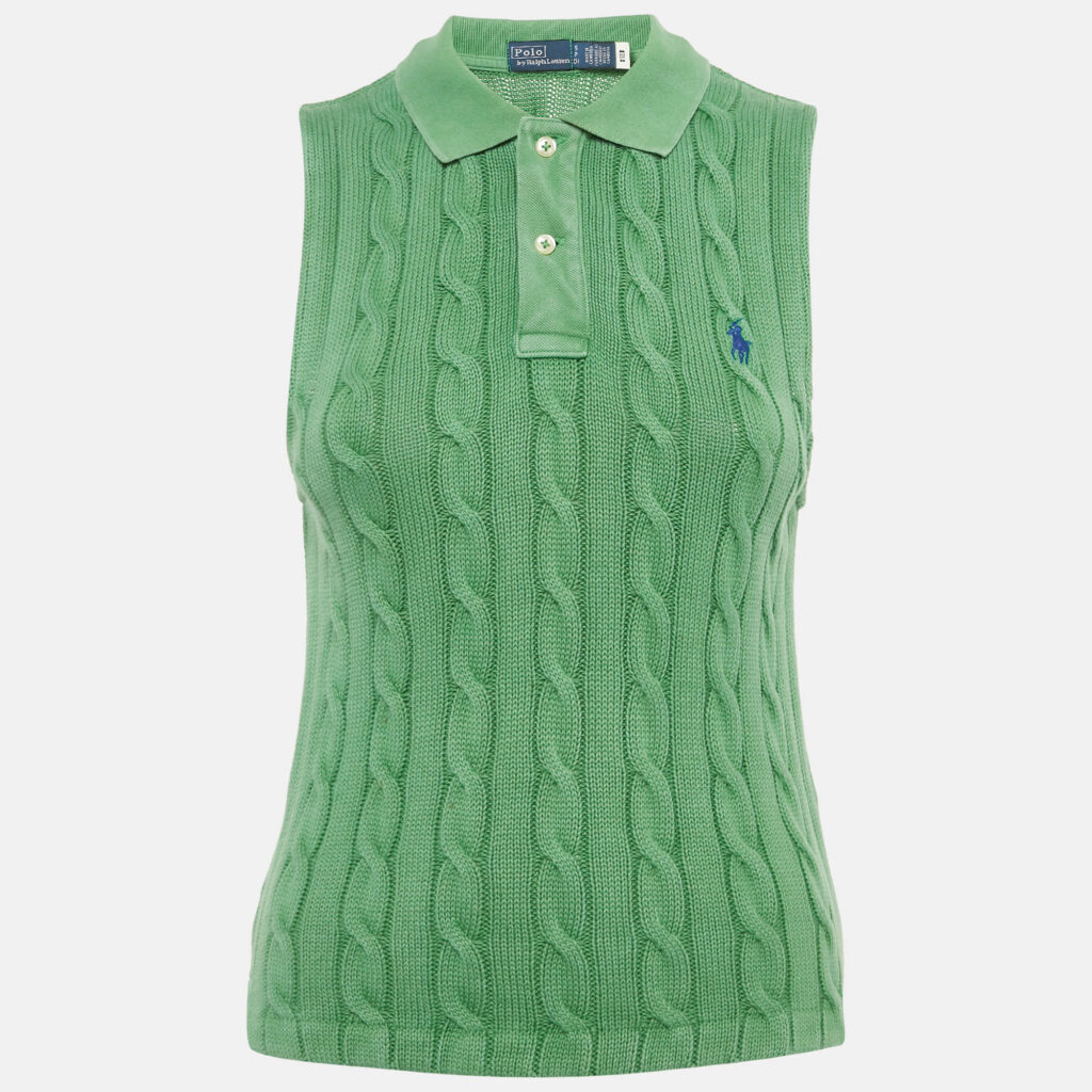 Polo Ralph Lauren Green Cable Knit Cropped Polo Sleeveless Shirt S