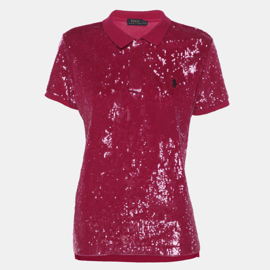 Polo Ralph Lauren Pink Sequined Cotton Polo Shirt S Polo Ralph Lauren Pink Sequined Cotton Polo Shirt S