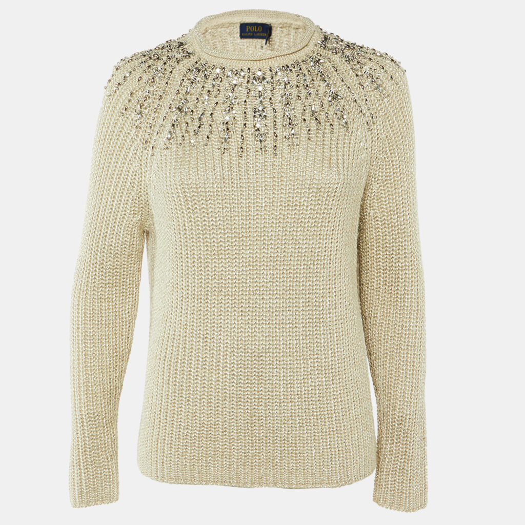 Polo Ralph Lauren Ecru Lurex Knit Embellished Jumper S Polo Ralph Lauren Ecru Lurex Knit Embellished Jumper S
