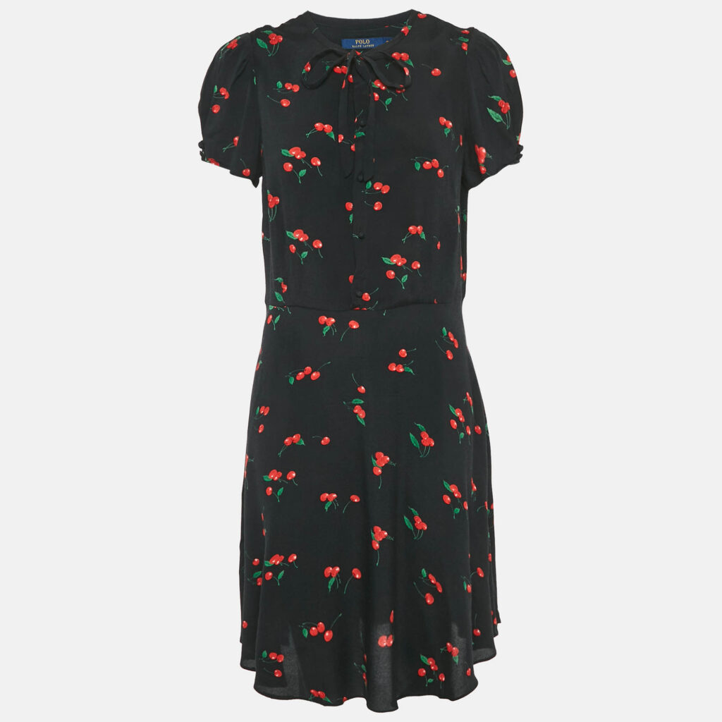 Polo Ralph Lauren Black Cherry Print Viscose Knee-Length Dress L