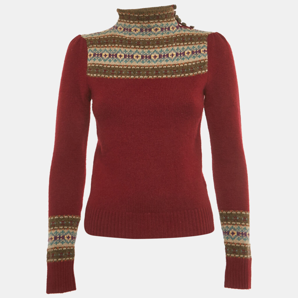 Polo Ralph Lauren Burgundy Intarsia Wool High-Neck Sweater XS Polo Ralph Lauren Burgundy Intarsia Wool High-Neck Sweater XS
