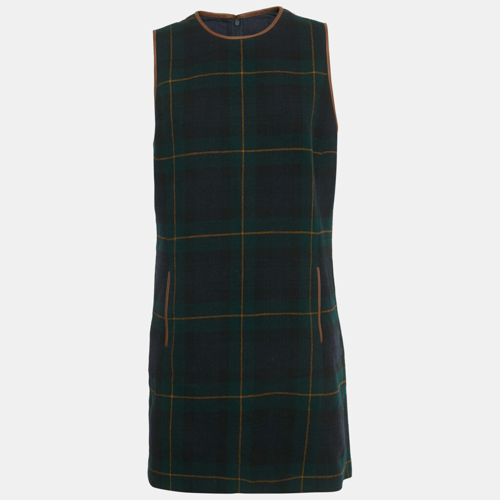 Polo Ralph Lauren Green /Navy Blue Plaid Leather Trim Mini Dress L