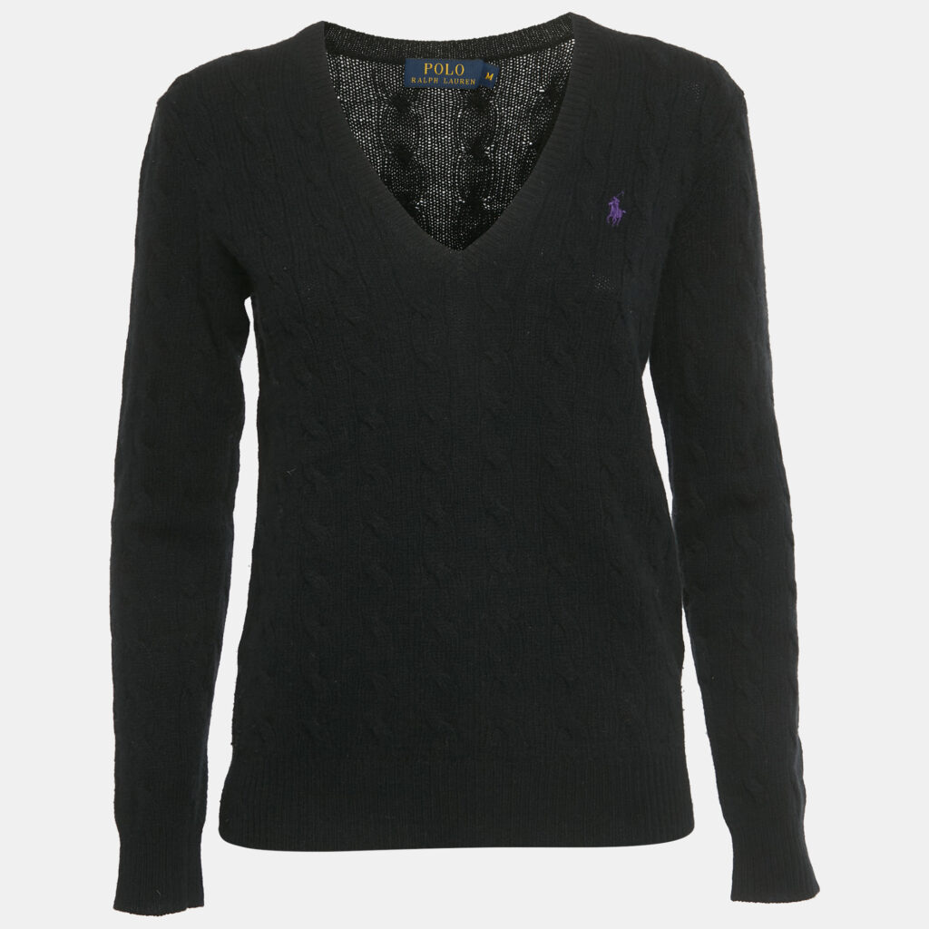 Polo Ralph Lauren Black Cable Knit V-Neck Sweater M Polo Ralph Lauren Black Cable Knit V-Neck Sweater M