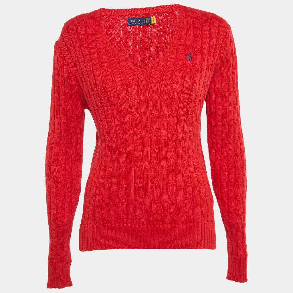 Polo Ralph Lauren Red Cable Knit V-Neck Sweater L Polo Ralph Lauren Red Cable Knit V-Neck Sweater L