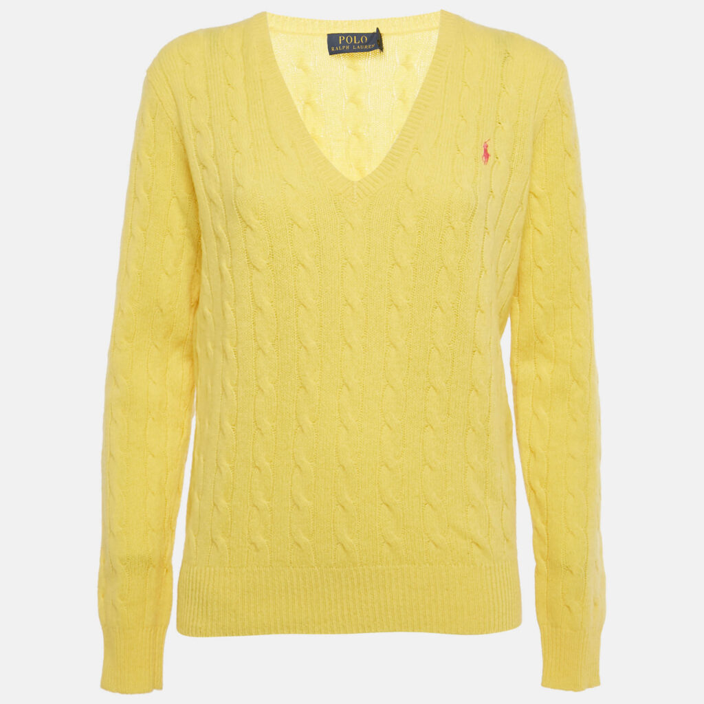 Polo Ralph Lauren Yellow Logo Embroidered Cable Knit Sweater L Polo Ralph Lauren Yellow Logo Embroidered Cable Knit Sweater L