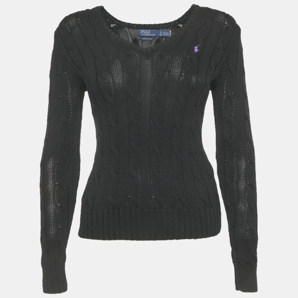 Polo Ralph Lauren Black Cable Knit V-Neck Sweater XS Polo Ralph Lauren Black Cable Knit V-Neck Sweater XS