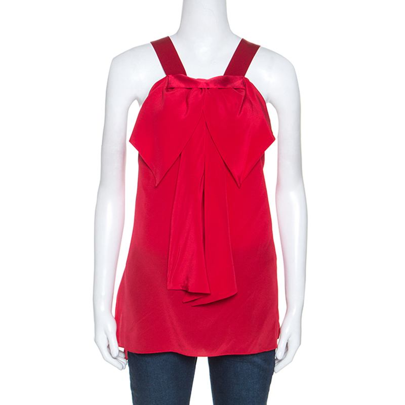 Prabal Gurung Red Silk Draped Bow Detail Sleeveless Top L Prabal Gurung Red Silk Draped Bow Detail Sleeveless Top L