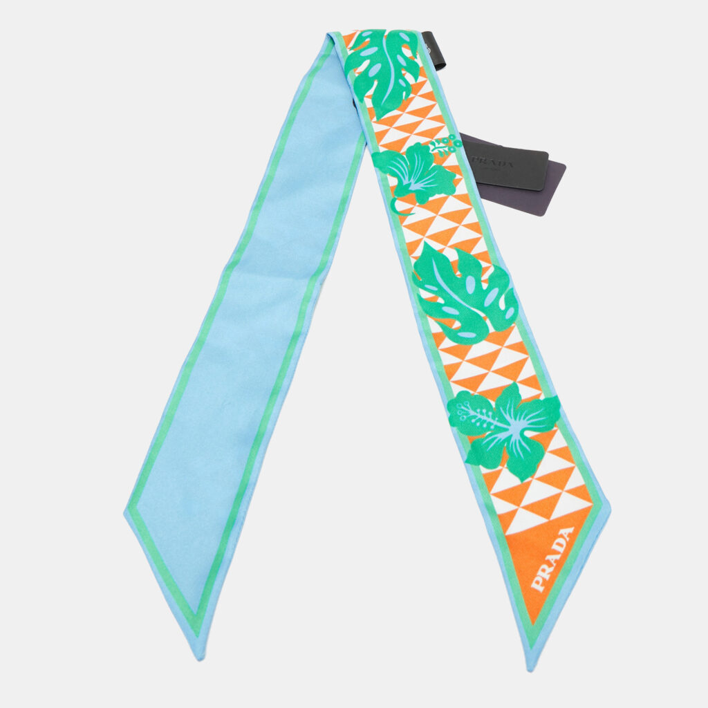 Prada Blue/Orange Triangle Hibiscus Print Silk Bandeau Scarf Prada Blue/Orange Triangle Hibiscus Print Silk Bandeau Scarf
