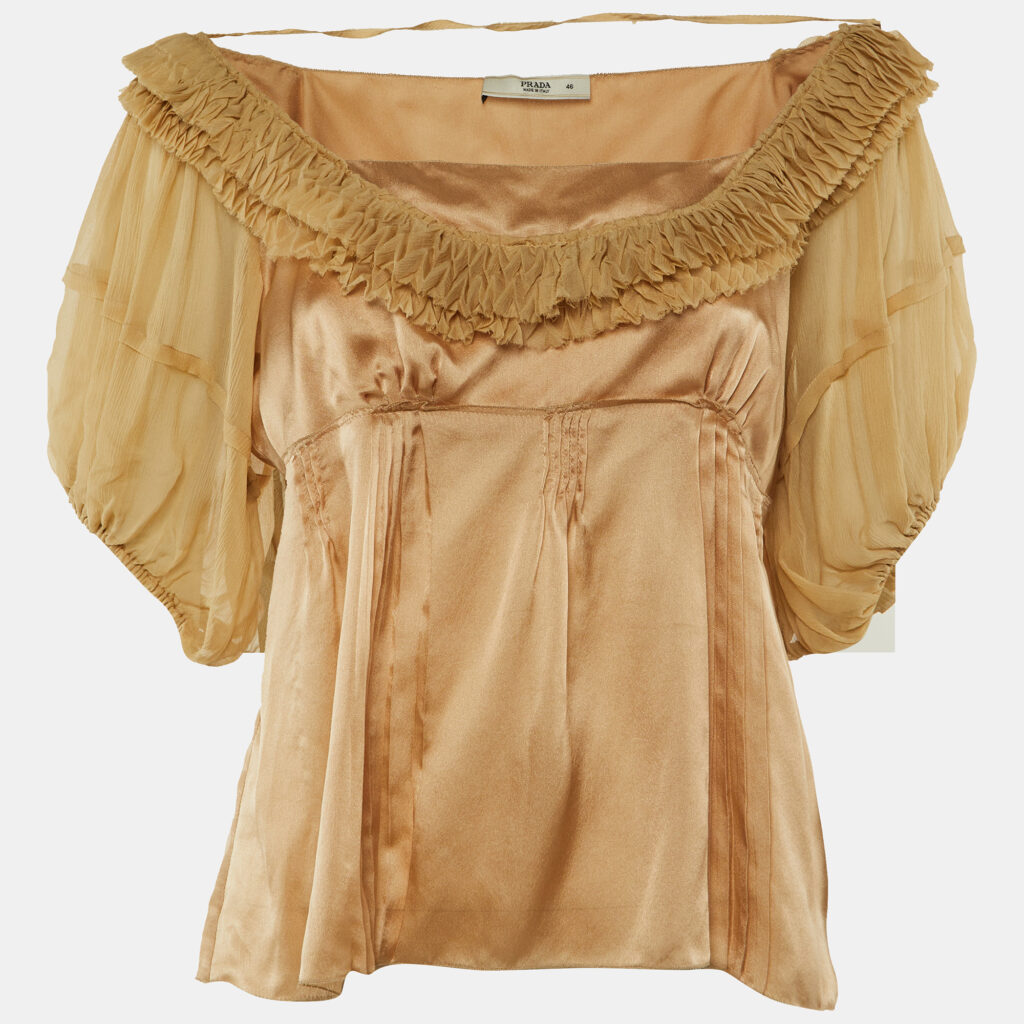 Prada Beige Silk Satin Ruffled Top L Prada Beige Silk Satin Ruffled Top L