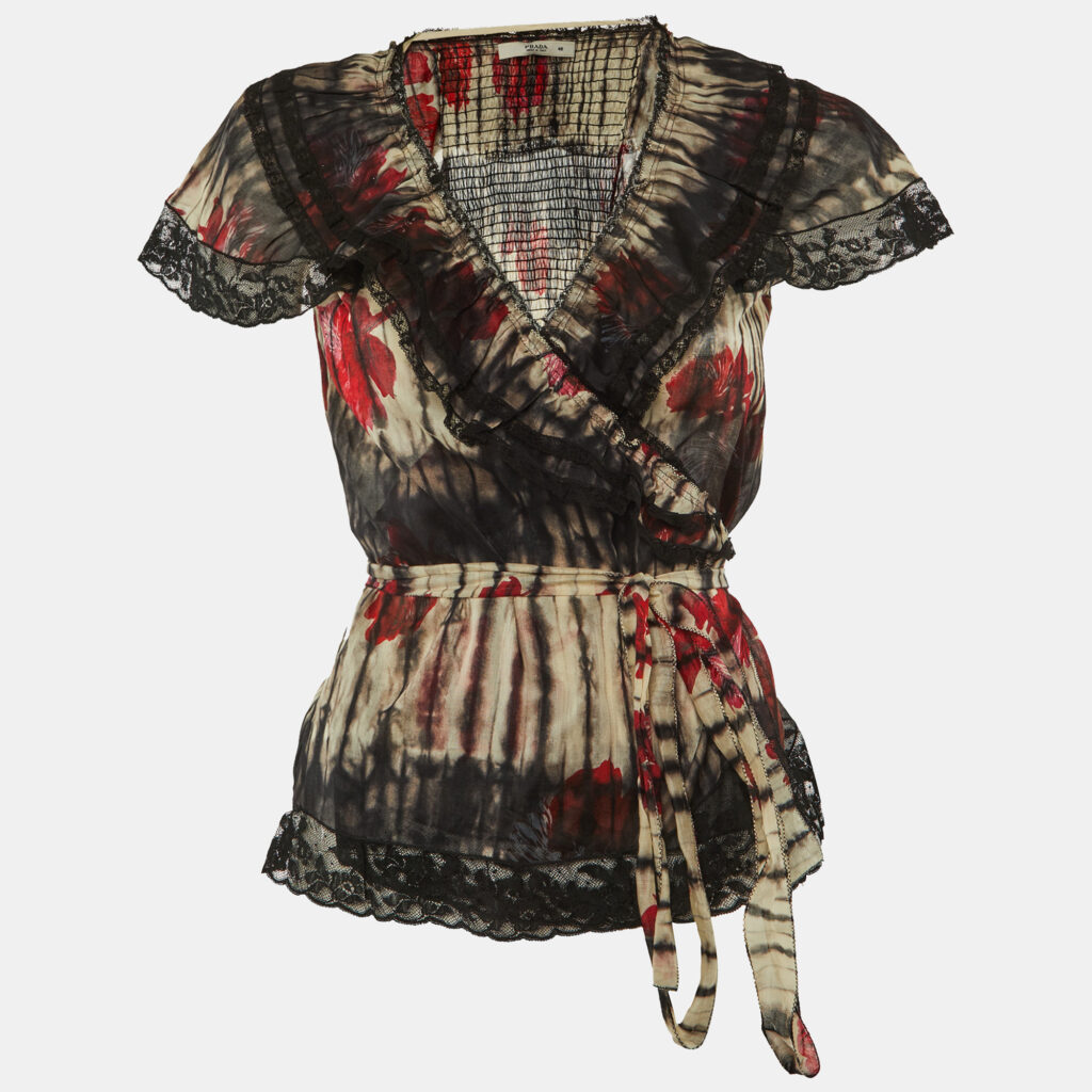 Prada Multicolor Printed Cotton Lace Trim Wrap Top L Prada Multicolor Printed Cotton Lace Trim Wrap Top L