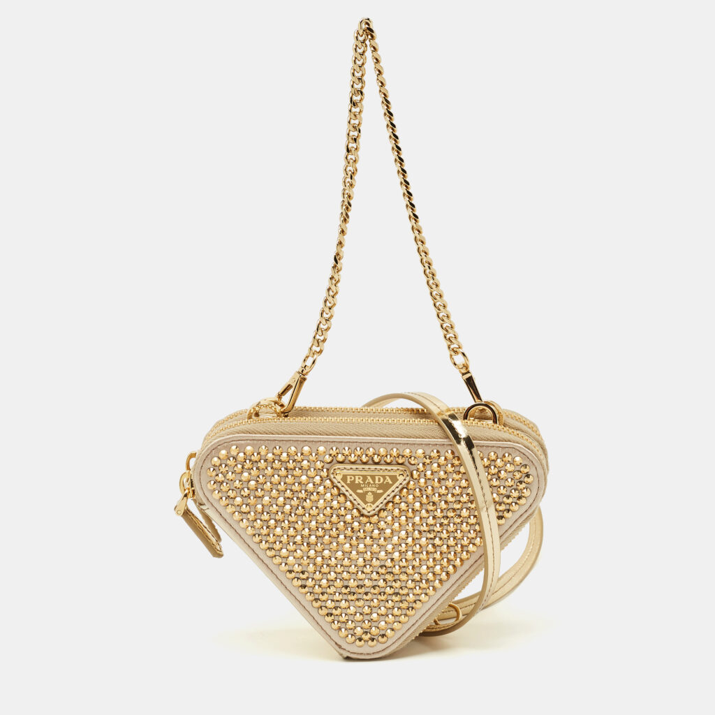 Prada Gold Leather and Satin Crystal Embellished Mini Triangle Pouch Prada Gold Leather and Satin Crystal Embellished Mini Triangle Pouch
