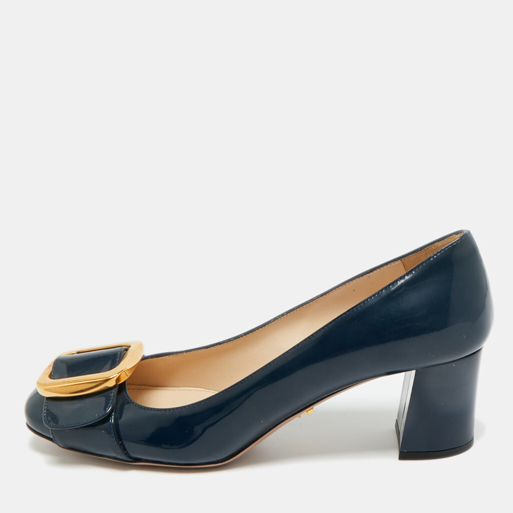 Prada Navy Blue Patent Leather Buckle Block Heel Pumps Size 36.5