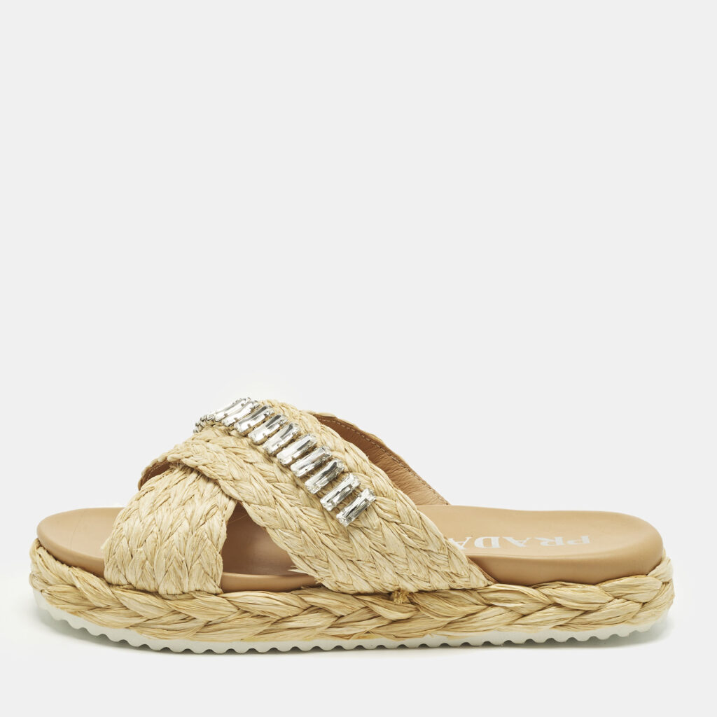 Prada Size 36 Beige Raffia Crisscross Crystal Embellished Flat Slides