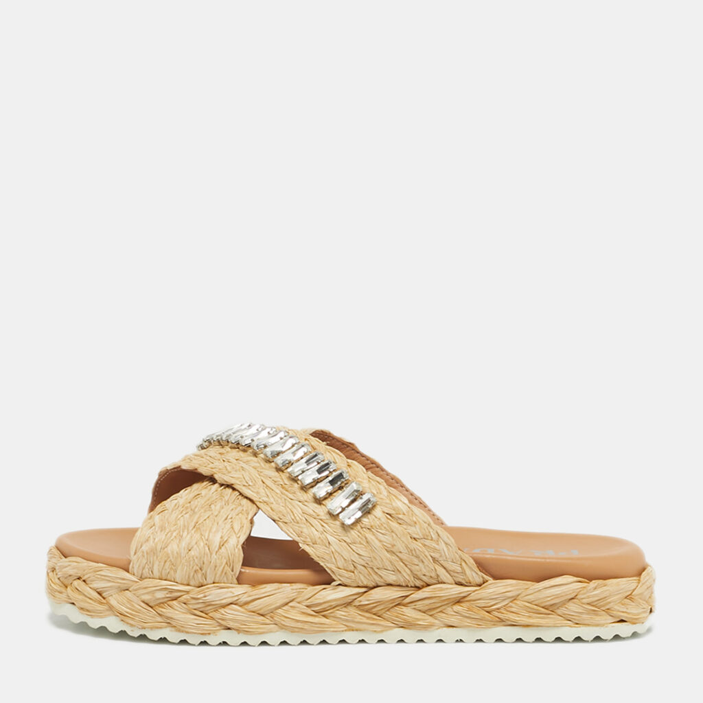 Prada Beige Raffia Crystal Embellished Platform Slide Sandals Size 36