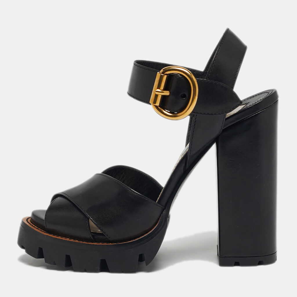 Prada Size 38.5 Black Leather Ankle Strap Block Heel Sandals Prada Size 38.5 Black Leather Ankle Strap Block Heel Sandals