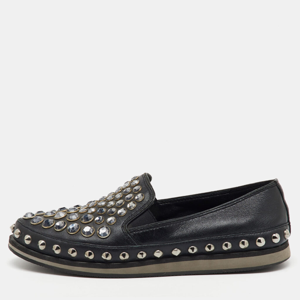 Prada Sport Black Leather Crystal Studded Slip On Loafers Size 37.5 Prada Sport Black Leather Crystal Studded Slip On Loafers Size 37.5