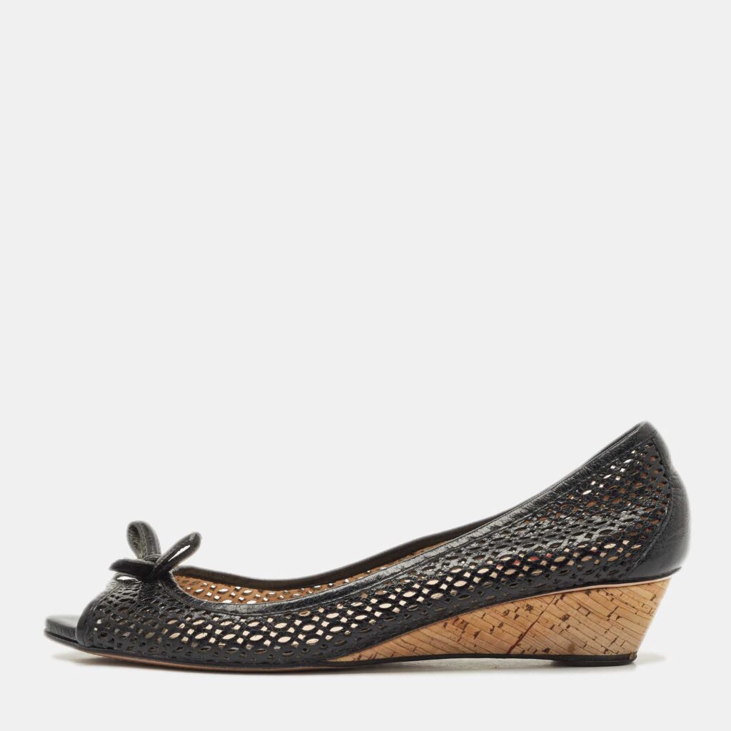 Prada Sport Black Patent Leather Peep Toe Cork Wedge Pumps Size 41
