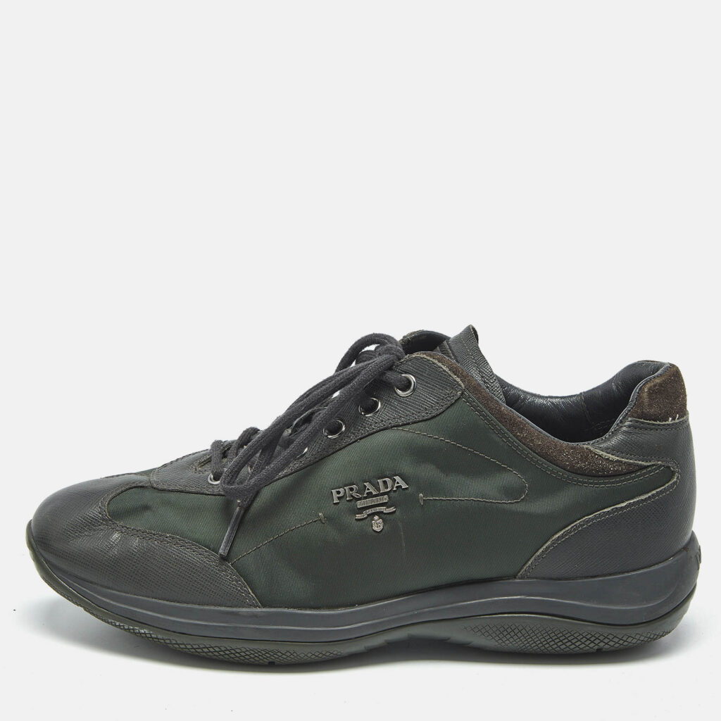 Prada Sport Green Leather and Nylon Lace Up Sneakers Size 38.5