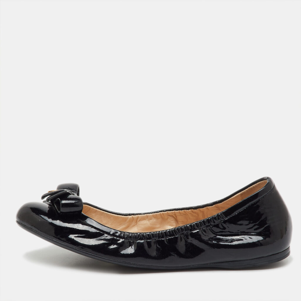 Prada Sport Black Patent Leather Bow Detail Scrunch Ballet Flats Size 39