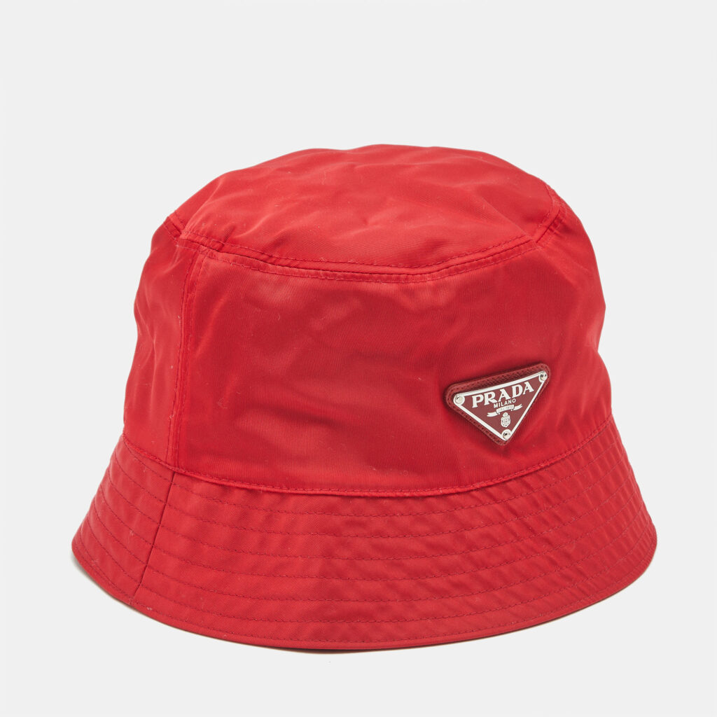 Prada Red Nylon Logo Triangle Plaque Bucket Hat M Prada Red Nylon Logo Triangle Plaque Bucket Hat M