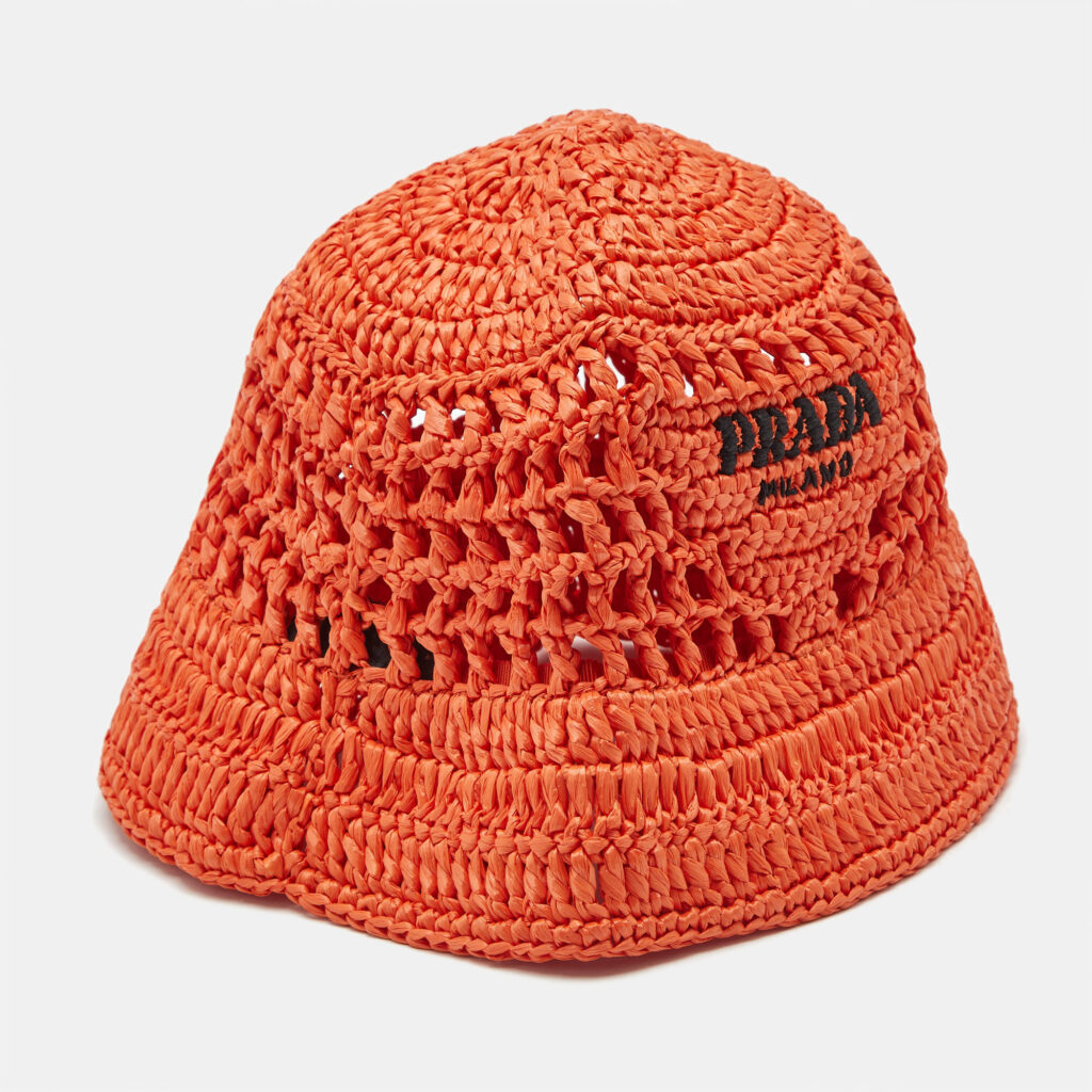 Prada Orange Logo Crochet Raffia Bucket Hat Prada Orange Logo Crochet Raffia Bucket Hat