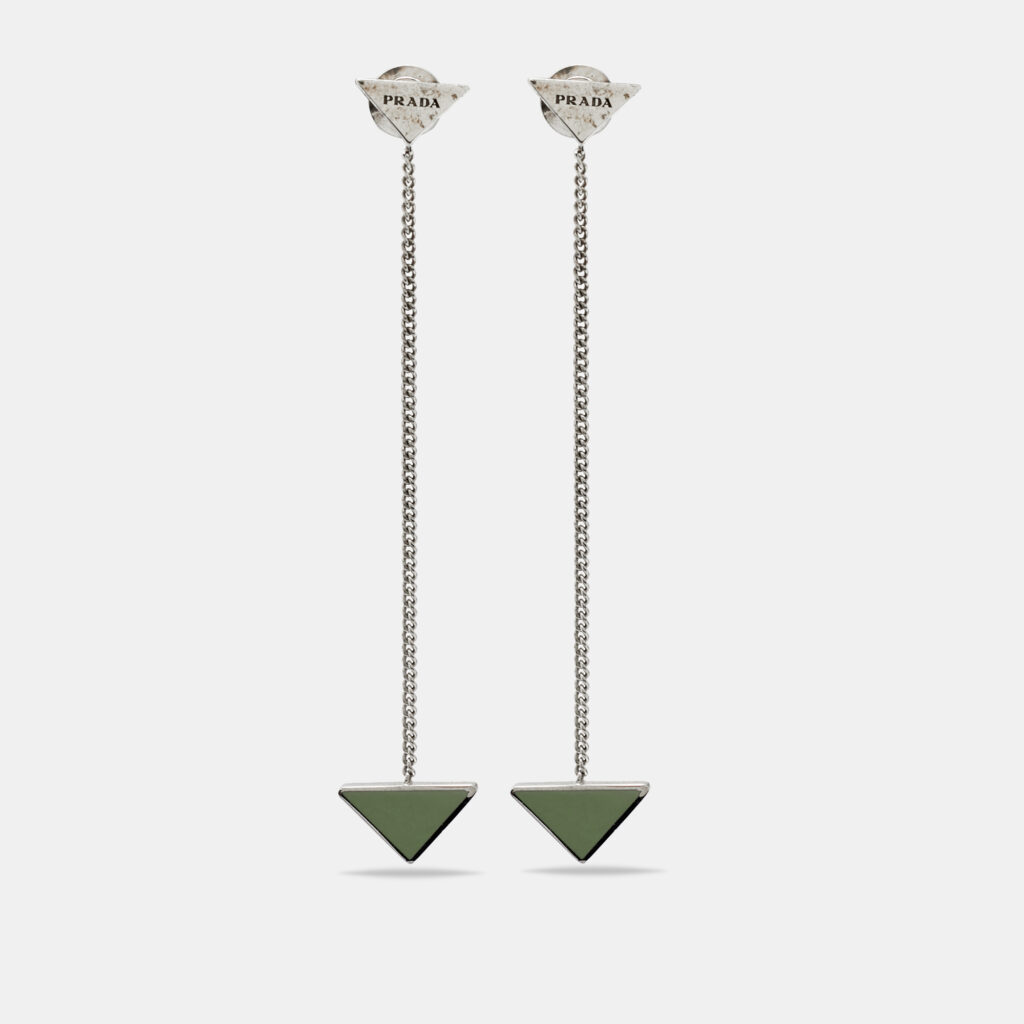 Prada Triangle Enamel Sterling Silver Chain Drop Earrings Prada Triangle Enamel Sterling Silver Chain Drop Earrings