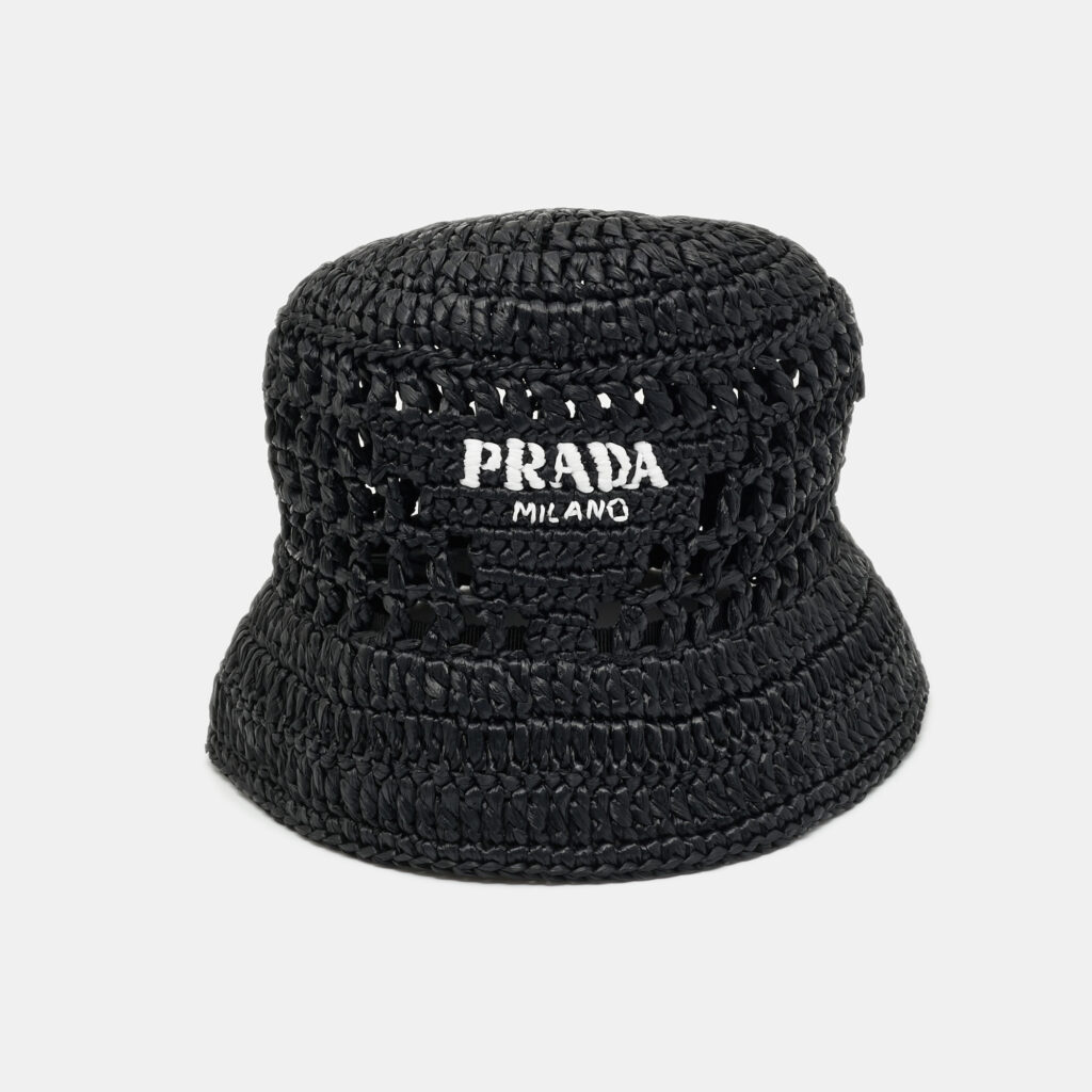 Prada Black Logo Crochet Raffia Bucket Hat M Prada Black Logo Crochet Raffia Bucket Hat M